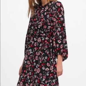 Print tie waist mini dress with red, pink, and white floral print!